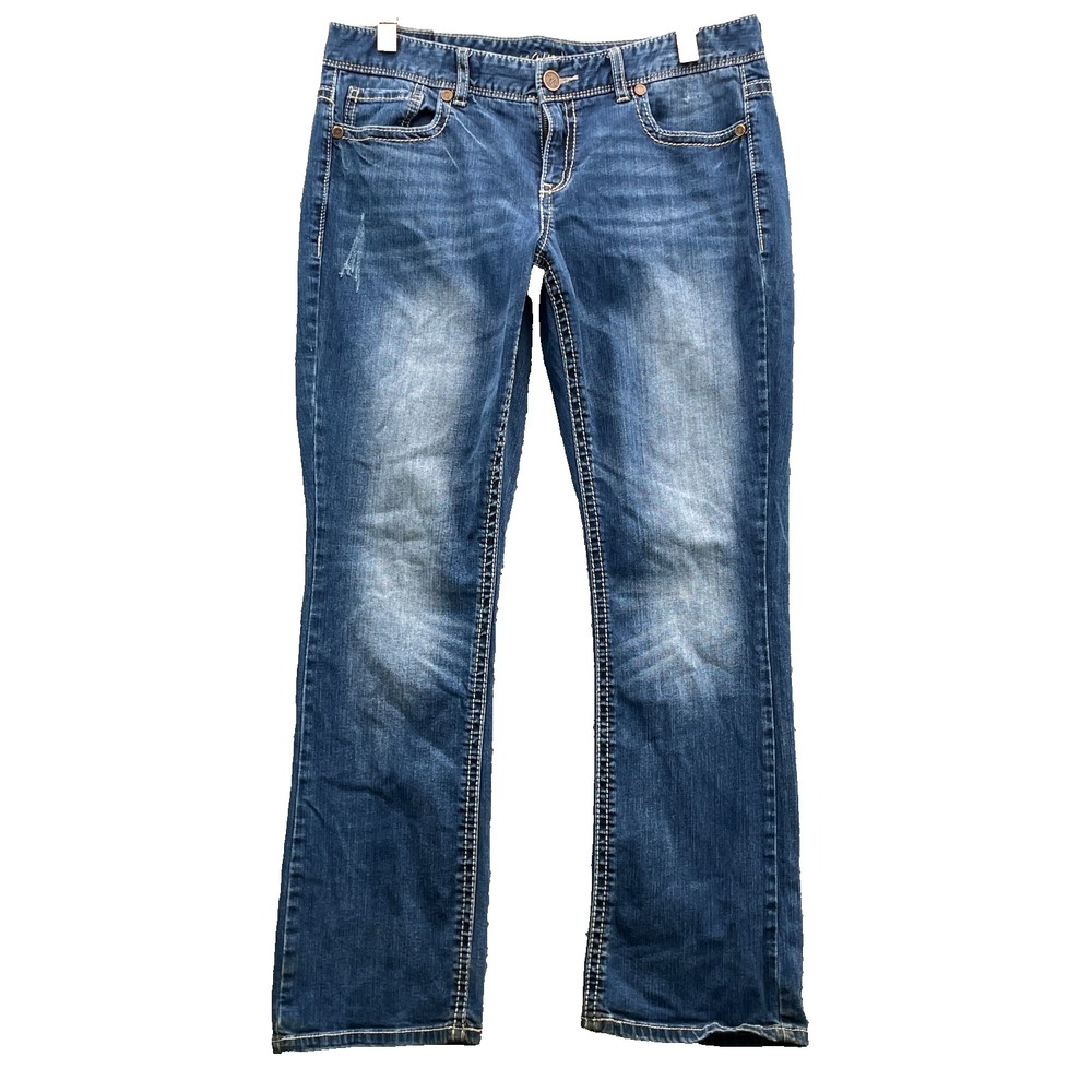 Maurices Bootcut Jean Women 34x29* Whisker Western Rodeo Boho Y2k Cowgirl Flare‎